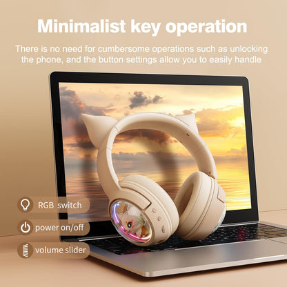 PHNIXGAM Cat Bluetooth Headphones, Wireless Headset with Mic, RGB LED Light, Beige, Model B5, For Kids and Adults