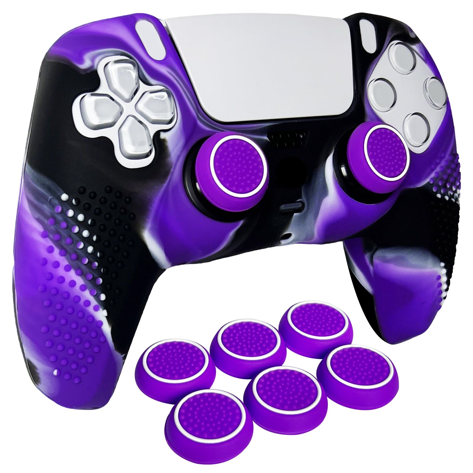 HLRAO Anti-Slip Purple&Black Controller Skin Studded Edition Protective Silicone Cover Skin Grips Compatible with PS5/Slim/Pro Controller and 6 PCS Thumb Grips Caps.