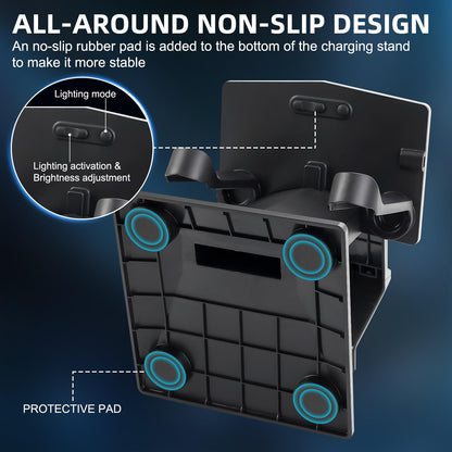 YIBEICO RGB Charging Dock for Quest 3/3S/2/Pro - Vertical Stand with Brightness and 14 Lighting Effects, Type-C Port, Model Y75463