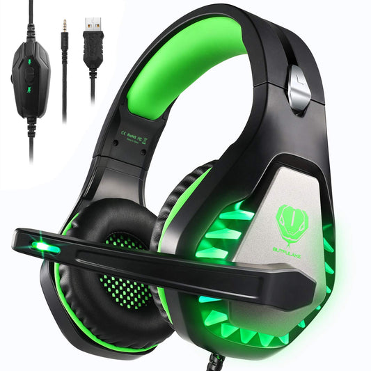 Gaming Headset for PS4  Xbox One  PC  PS5  Laptop  Mac  for Nintendo Switch  3.5MM Noise Cancelling Over Ear Headphones with Mic  Bass Surround  Soft Memory Earmuffs Green