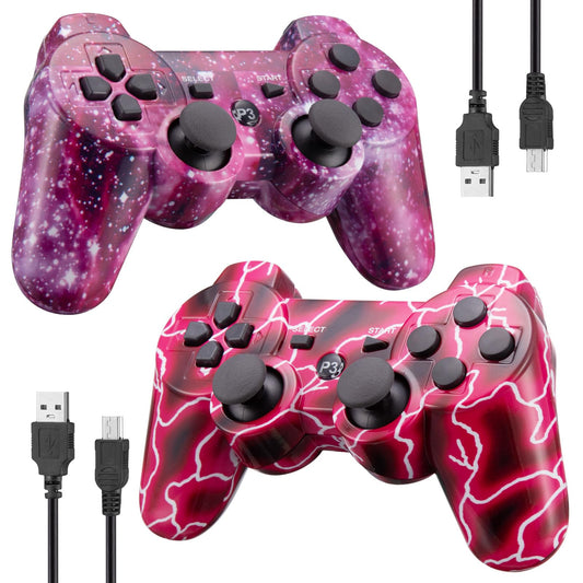 Powerextra Pro Wireless Controller for PS3 - 2 Pack, Bluetooth, Rechargeable, Double Shock, Lightning + Galaxy Color