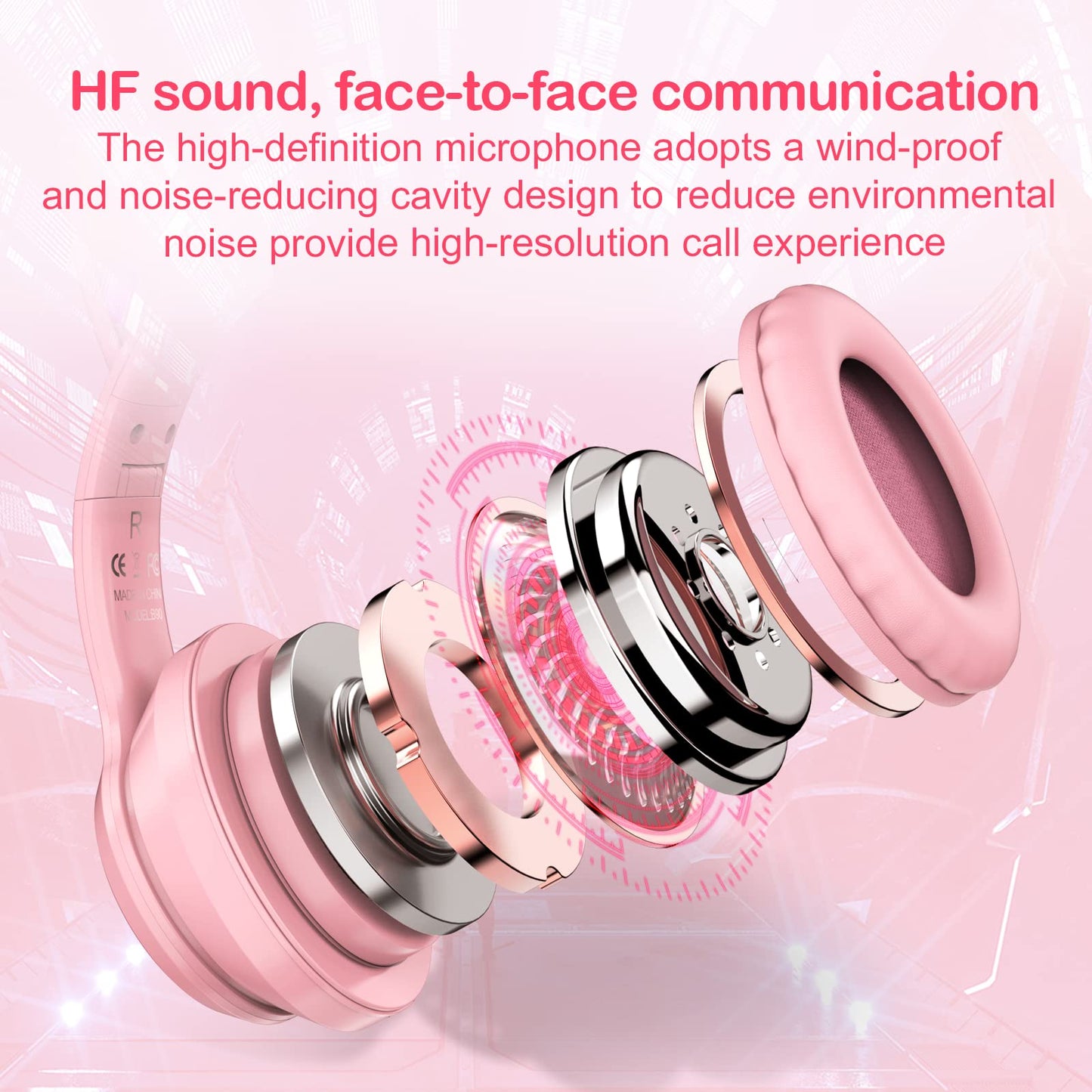 SIMGAL B90 Bluetooth Cat Ear Headphones for Kids - Foldable, Wired/Wireless, Pink, with Mic & RGB LED Light