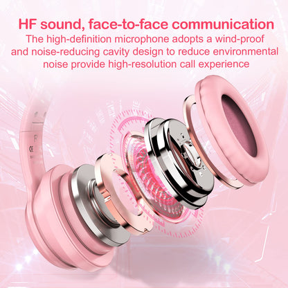 SIMGAL B90 Bluetooth Cat Ear Headphones for Kids - Foldable, Wired/Wireless, Pink, with Mic & RGB LED Light