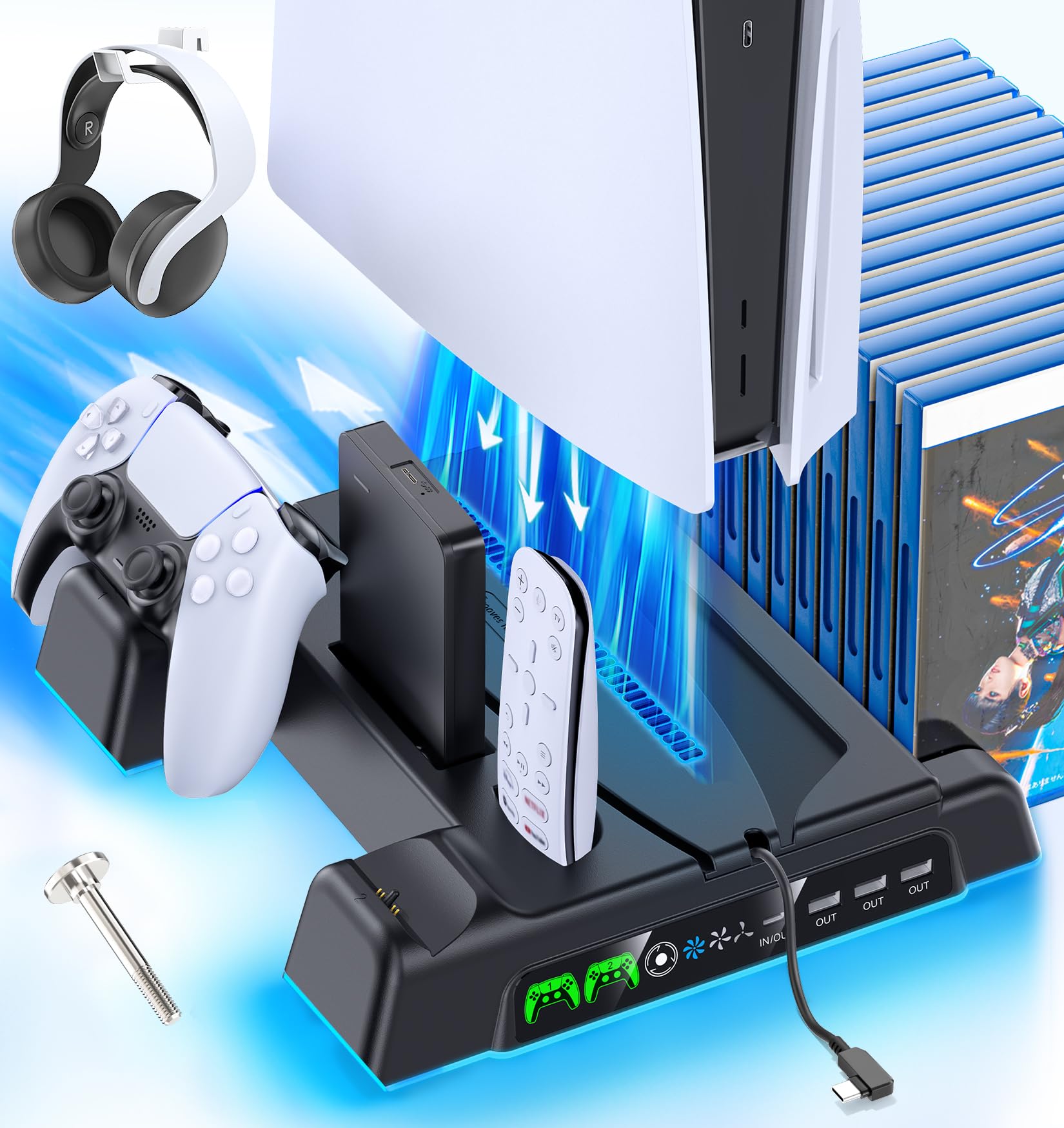 OIVO PS5 Cooling Stand & Controller Charger, 3-Level Fan, Black, Model IV-P5235