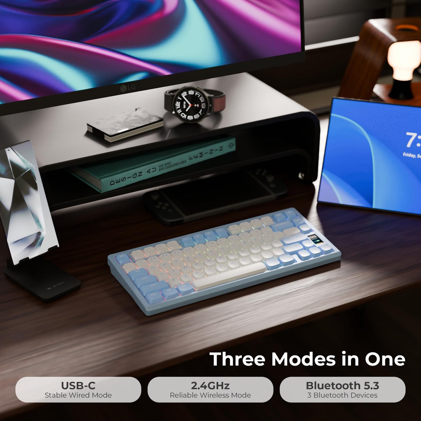 OOCTPK Mechanical Keyboard - Chilkey ND75 LP Wireless, Bluetooth/2.4G/USB-C, RGB, UltraThin, Blue, Wrist Rest, PC/Mac Compatible