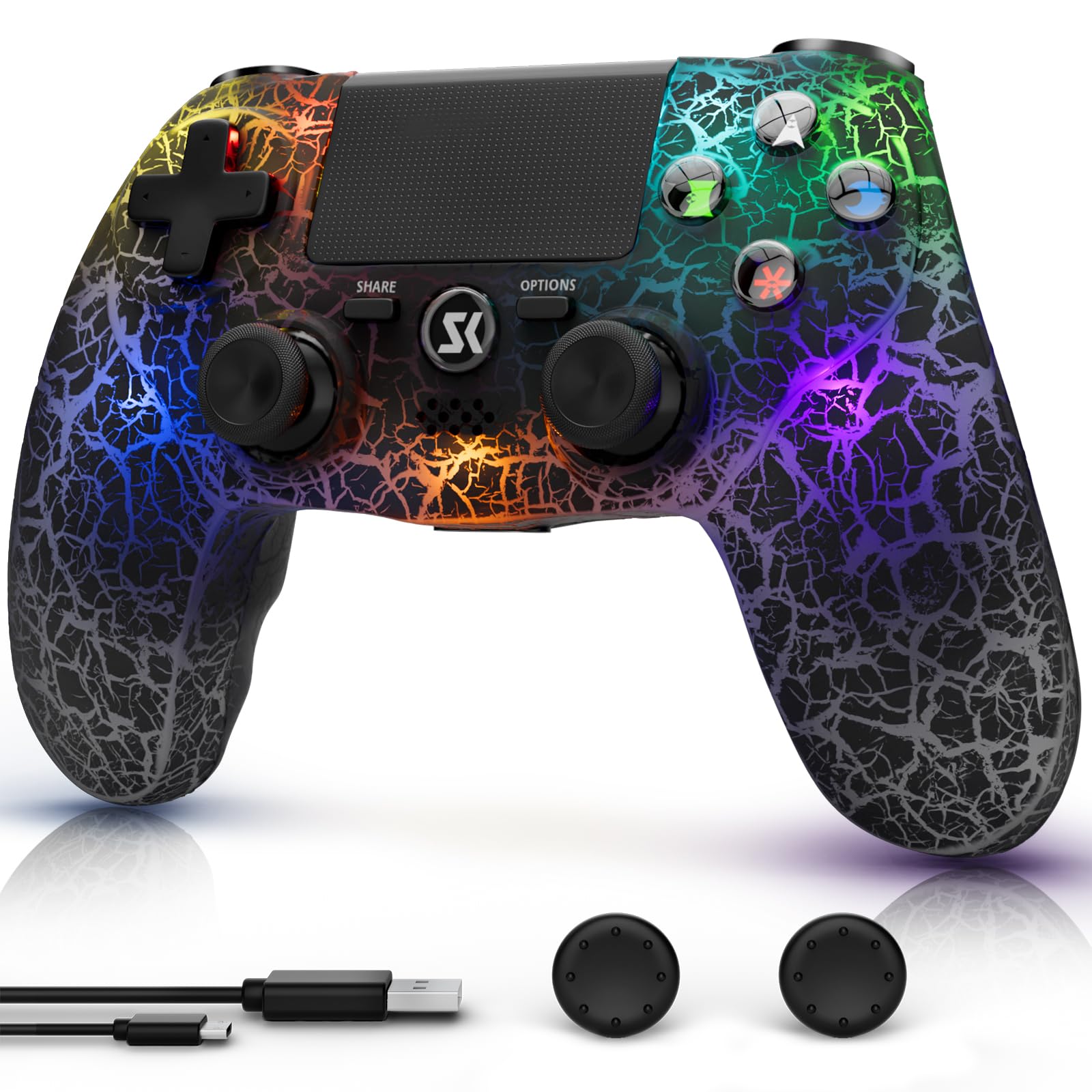 CHENGDAO PS4 Wireless Controller with RGB Light, 1000mAh Battery, 6-Axis Motion Sensor, Black