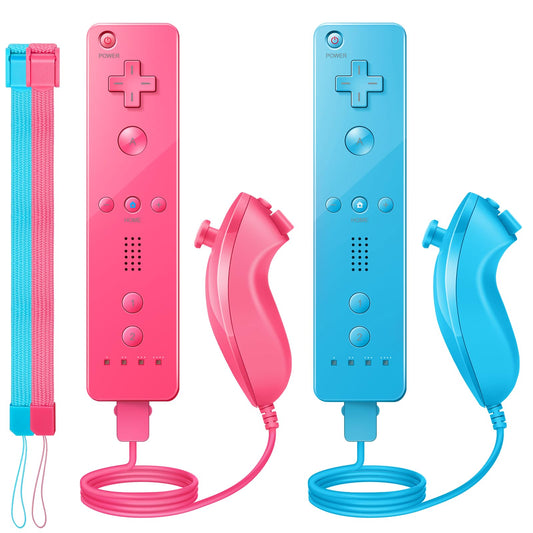 PGYFDAL Wii Controller 2 Pack  Wii Remote Controller and Nunchuck Joystick with Silicone Case and Wrist Strap for Holiday (Pink and Blue)