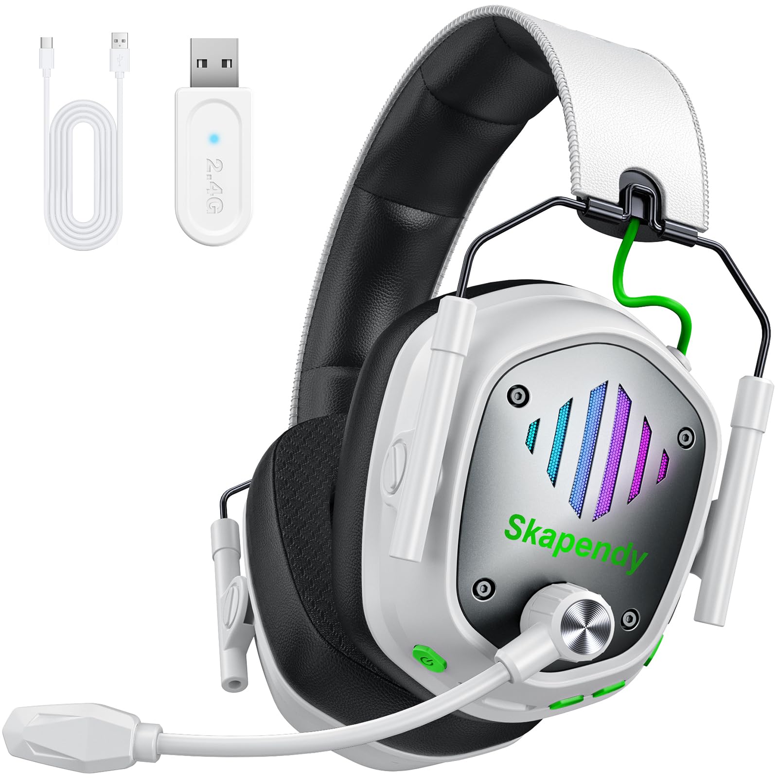 SKAPENDY Wireless Gaming Headset for PS5  PS4  PC  Switch  Mac  Phone  2.4GHz Gaming Headphones with 50mm Drivers  3D Surround Sound  ENC Noise Cancelling Mic  Cool RGB Light  50-Hour Gametime