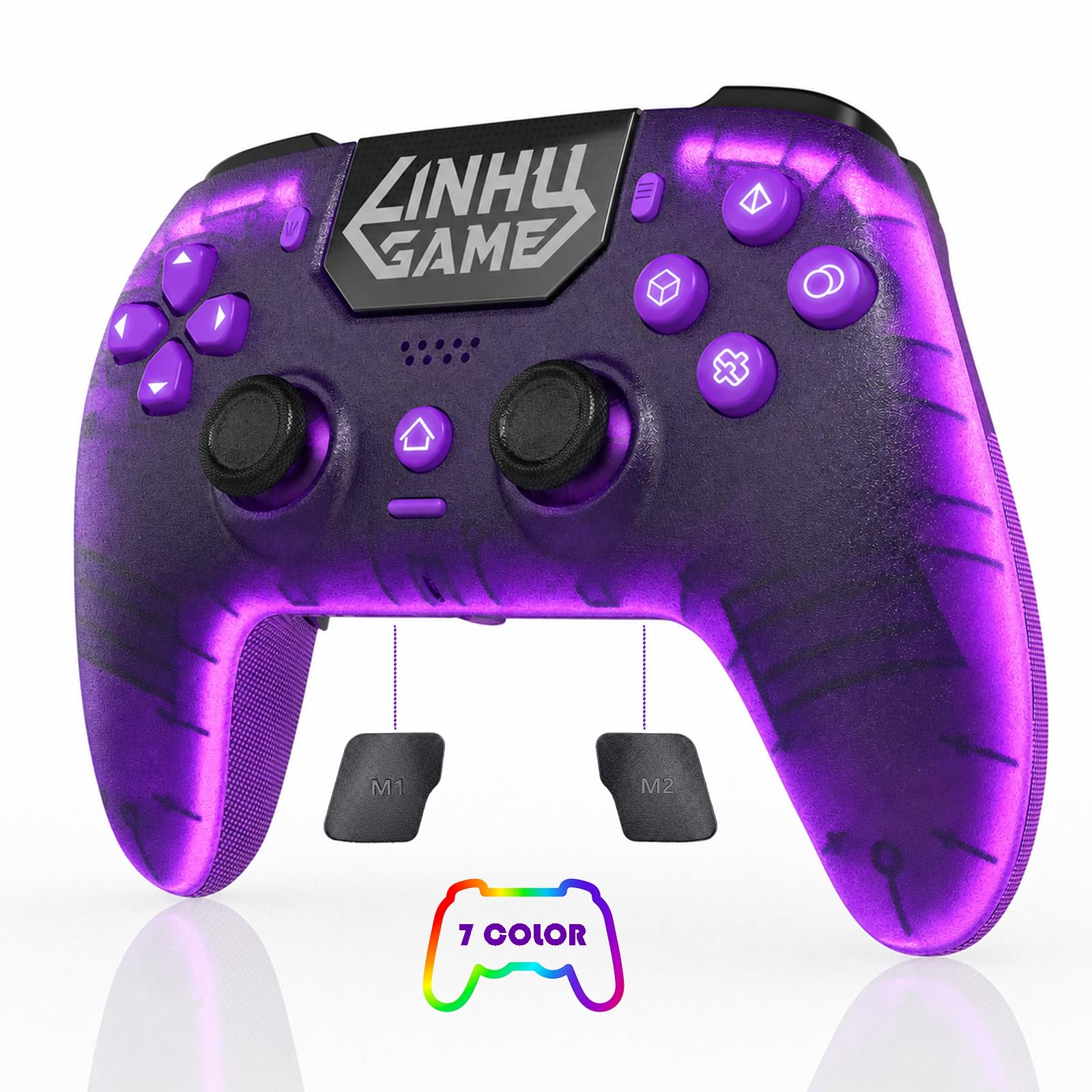 Linhugame Wireless Controller for PS5/Pro/Slim/PC  with Transparent Shell/RGB Tape Light/Hall Effect Joyticks and Trigger/Macro/Turbo/3.5mm Audio Jack/Speaker and Mic/1500 mAh Large Battery Gamepad(purple)