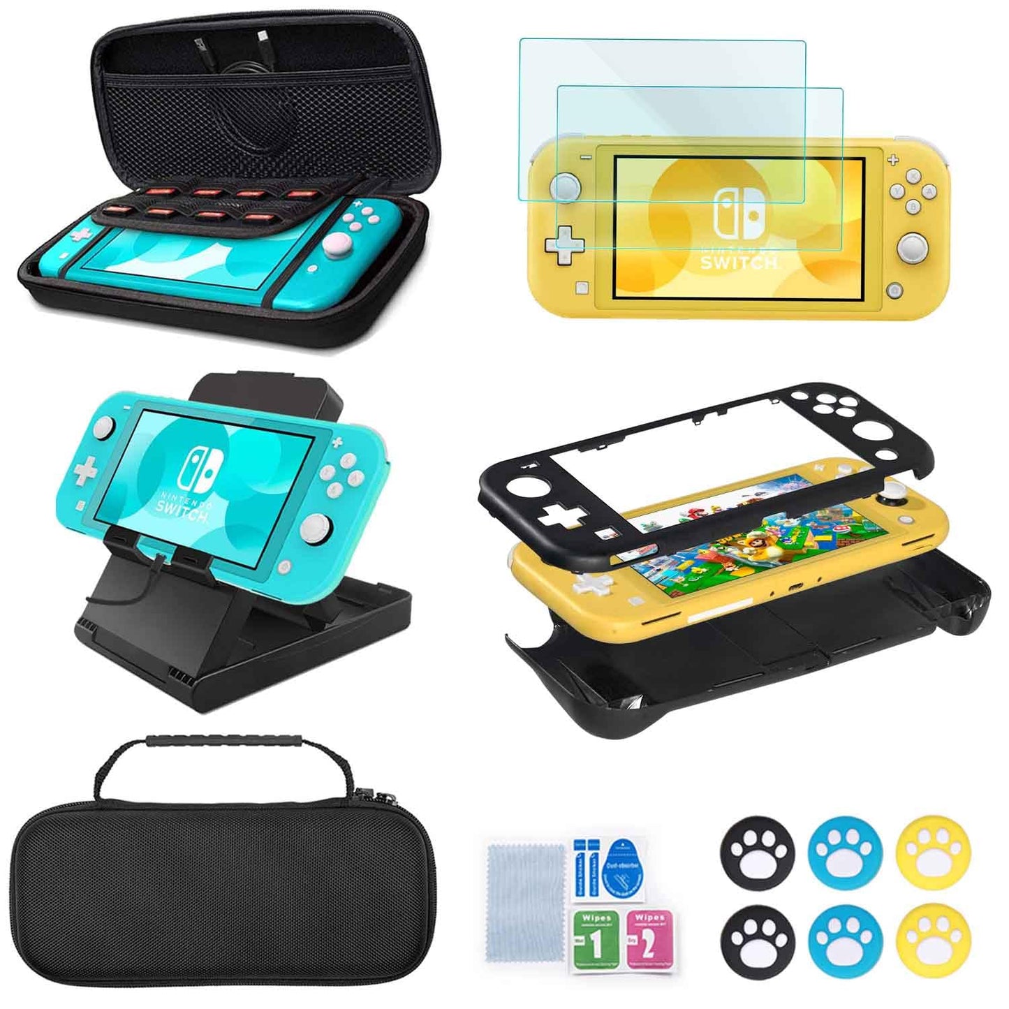 Accessories Kit for Nintendo Switch Lite - YOOWA Accessories Bundle with Carrying Case Protective Cover case and 2-Pack Tempered Glass Screen Protector  Adjustable Play Stand  6 Thumb Grips