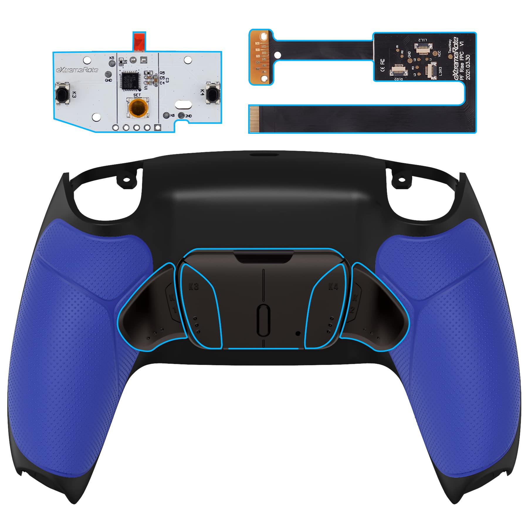 eXtremeRate Black Real Metal Buttons (RMB) Version RISE4 Remap Kit for PS5 Controller BDM-010 020 w/Blue Rubberized Grip Black Redesigned Back Shell  Upgrade Board & 4 Back Buttons for PS5 Controller