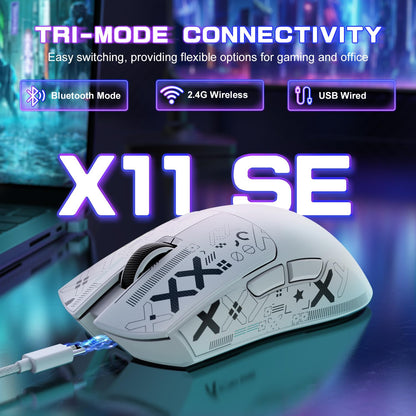 ATTACK SHARK X11SE Ultra-Light Wireless Gaming Mouse - 22KDPI, 5 Programmable Buttons, BT5.2/Type-C/2.4G, White Griptape