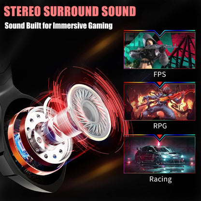 Ozeino Gaming Headset - 7.1 Surround Sound, Noise Cancelling Mic, RGB Light, Over Ear, Red, Model ZW1 for PC, PS4, PS5, Xbox