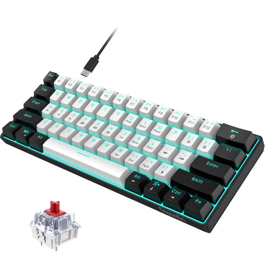 Snpurdiri 60% Wired Mechanical Gaming Keyboard  Ice Blue LED Backlit 61 Keys Mini Wired Office Keyboard for Windows Laptop PC Mac (Black-White  Red Switches)