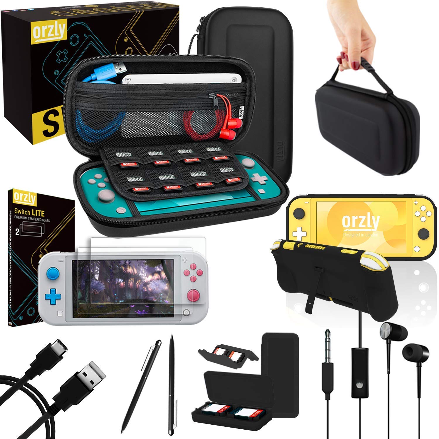 Orzly Switch Lite Accessories Bundle - Case, Screen Protector, USB Cable, Black