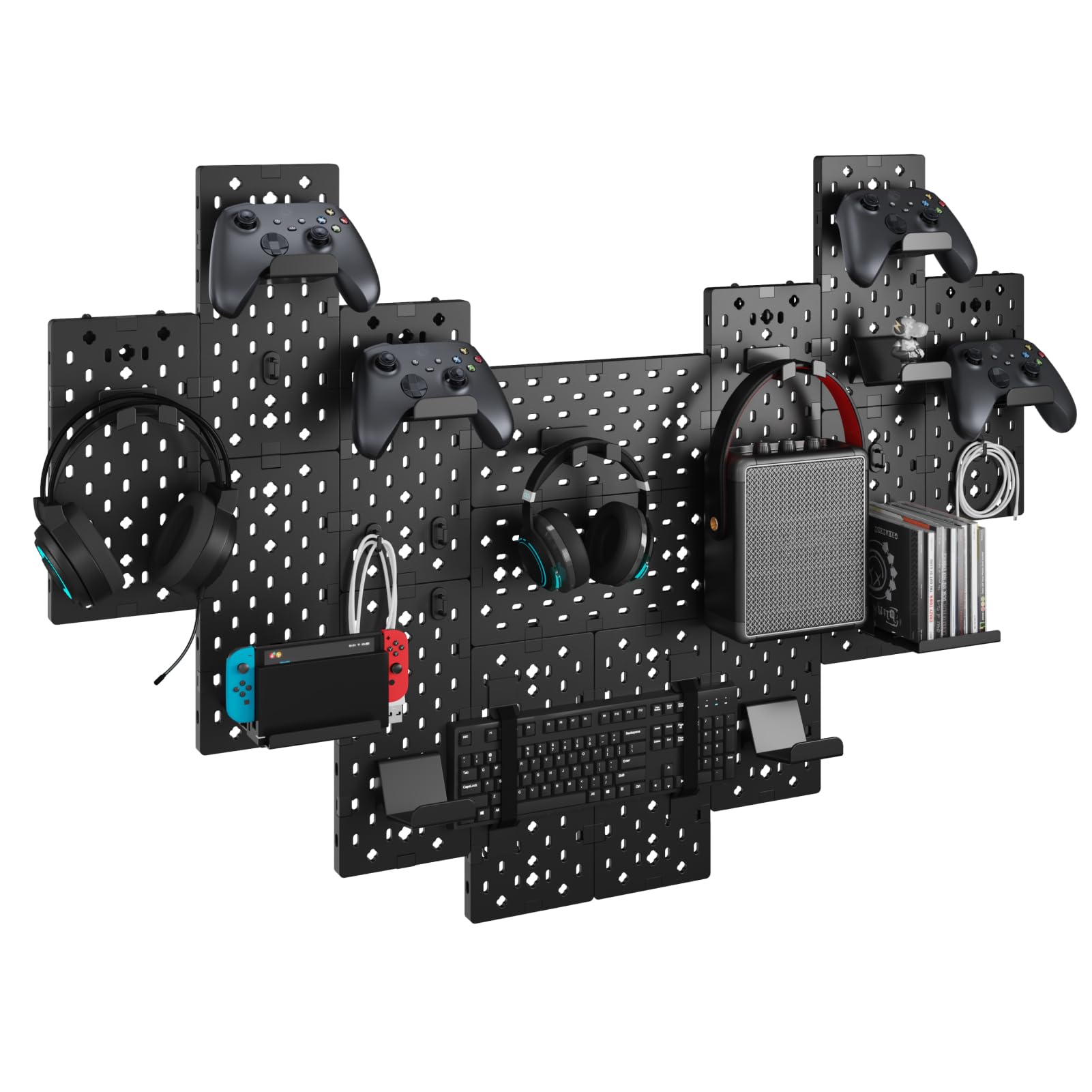 PEGZONE Controller and Headphone Holder Wall Mount  Modular Gaming Pegboard with Accessories  Controller Stand for Xbox PS5 PS4 Switch  Video Game Storage  Disc Shelf Organizer  14pcs Pegboard  Black