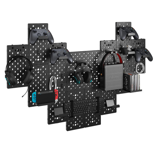 PEGZONE Controller and Headphone Holder Wall Mount  Modular Gaming Pegboard with Accessories  Controller Stand for Xbox PS5 PS4 Switch  Video Game Storage  Disc Shelf Organizer  14pcs Pegboard  Black