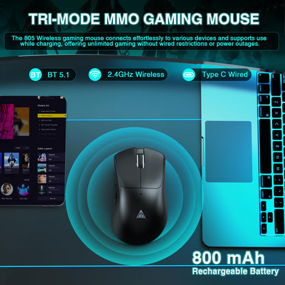 SOLAKAKA SM805 Wireless Gaming Mouse, 24000 DPI, BT5.0/2.4G/Type-C, Black, Lightweight with 2 Side Buttons, Ergonomic Design
