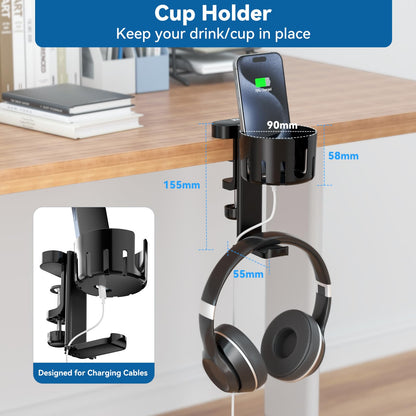 KDD 2 in 1 Headphone Hanger with Desk Cup Holder, Rotatable Under Desk Clamp, Black, Model 790-FUTI