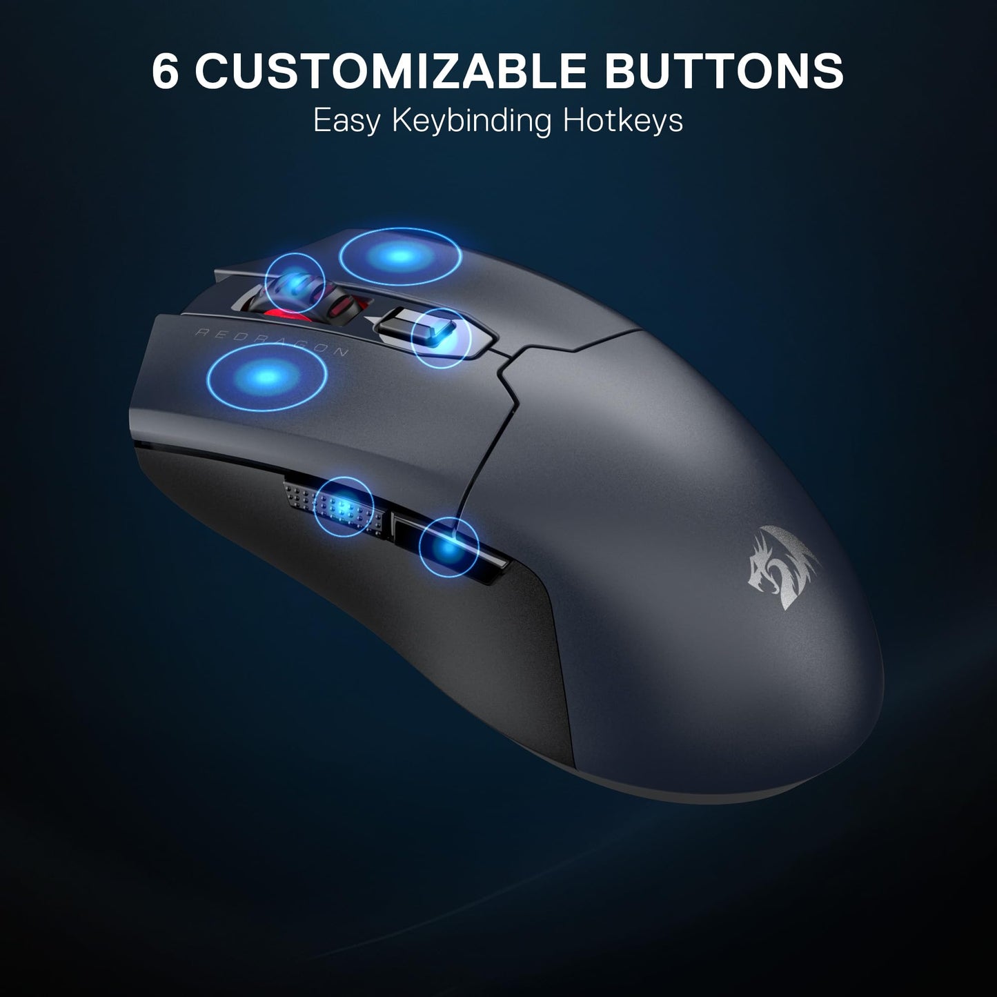 Redragon M995 LIT Wireless Gaming Mouse - 10000 DPI, Rechargeable, 6 Macro Buttons, Ultra Lightweight, Gray & Black
