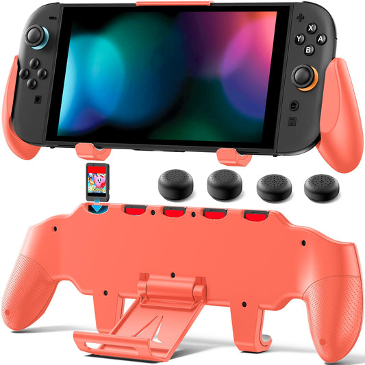 OIVO Grip Compatible with Nintendo Switch 2  Switch 2 Ergonomic Grip Case with Adjustable Stand  Comfort Game Accessories with 5 Game Card Slots and 4 Thumb Caps  Orange
