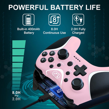 BRHE Wireless Switch Controller - Pink Pro Gamepad for Nintendo Switch/Lite/OLED/PC with Vibration, Turbo & Programmable Features
