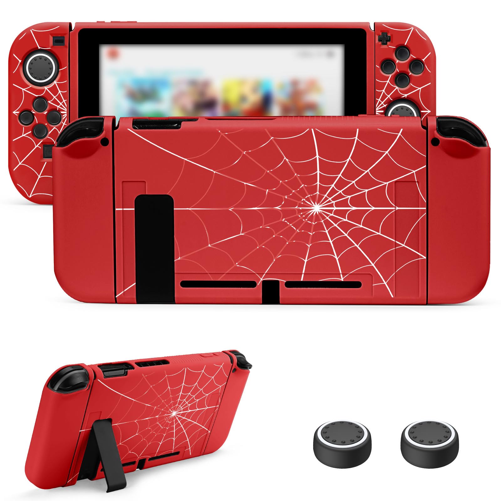 JINGDU Protective Case Compatible with Nintendo Switch 2017  TPU Case Accessory for Switch Console and Grip Joy-Con  Switch Protector with 4 Thumb Grips  Red Spider Web