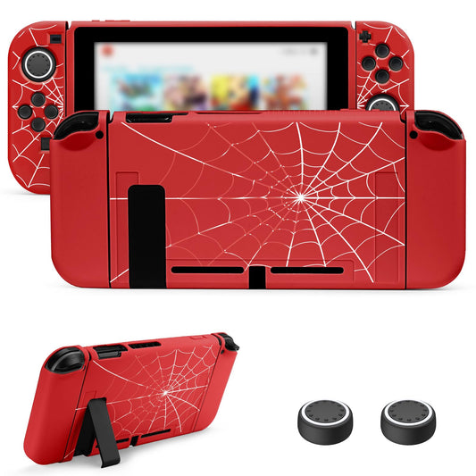 JINGDU Protective Case Compatible with Nintendo Switch 2017  TPU Case Accessory for Switch Console and Grip Joy-Con  Switch Protector with 4 Thumb Grips  Red Spider Web