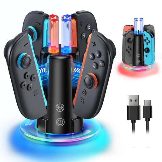 [Switch 2/1 Both] Controller Charger Dock Station  8 in 1 Dual-Direction Magnetic Vertical Charging Stand for JoyCon 2 Witch Transparent Acrylic Display Base & LED Indicators for Nintendo Switch 2/1