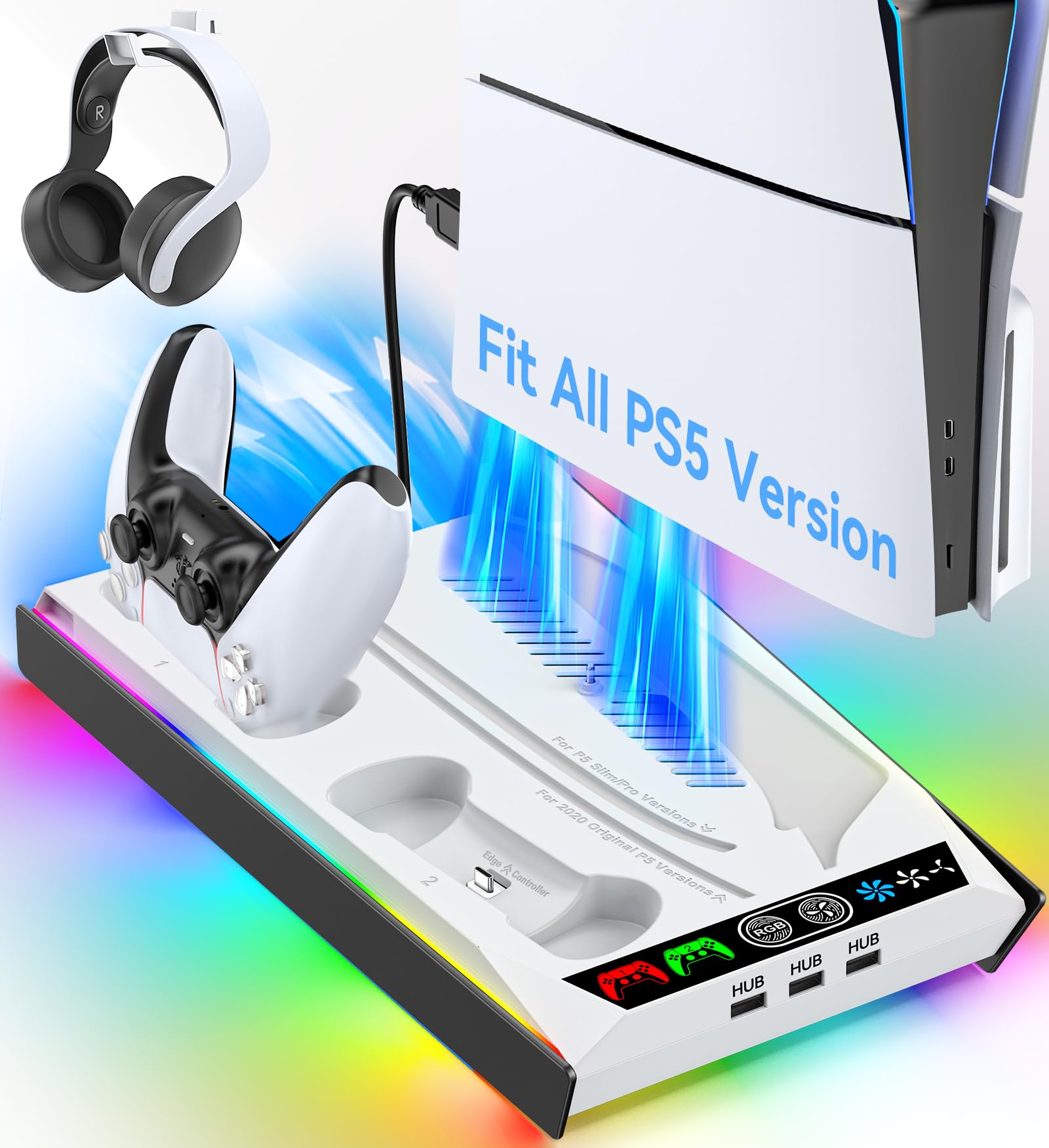 Rysker PS-5 Cooling Stand with RGB Lighting, Controller Charger & 3 USB Ports - Disc & Digital Version - White & Black