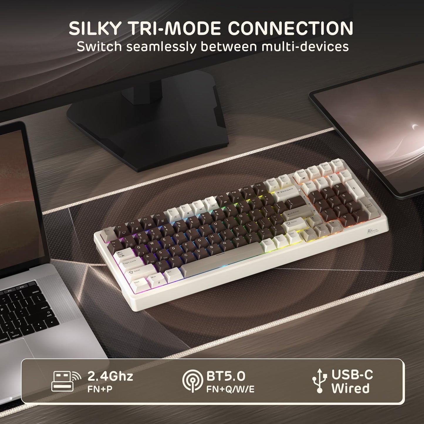 RK ROYAL KLUDGE F99 Wireless Mechanical Keyboard, 95% Layout, Tri-Mode, Mocha Brown, Hot Swappable, Custom Linear Creamy Switches