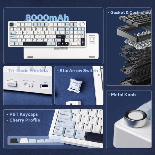 EPOMAKER F99 PRO Wireless Gaming Keyboard, 8000mAh Battery, Hot Swappable, RGB Backlit, Blue&White, 2.4GHz/BT5.0, NK