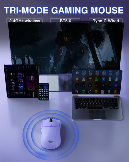 AULA SC580X Wireless Gaming Mouse - Tri-Mode 2.4G/BT5.0/USB-C, 12000 DPI, Light Purple, Rechargeable, 6 Programmable