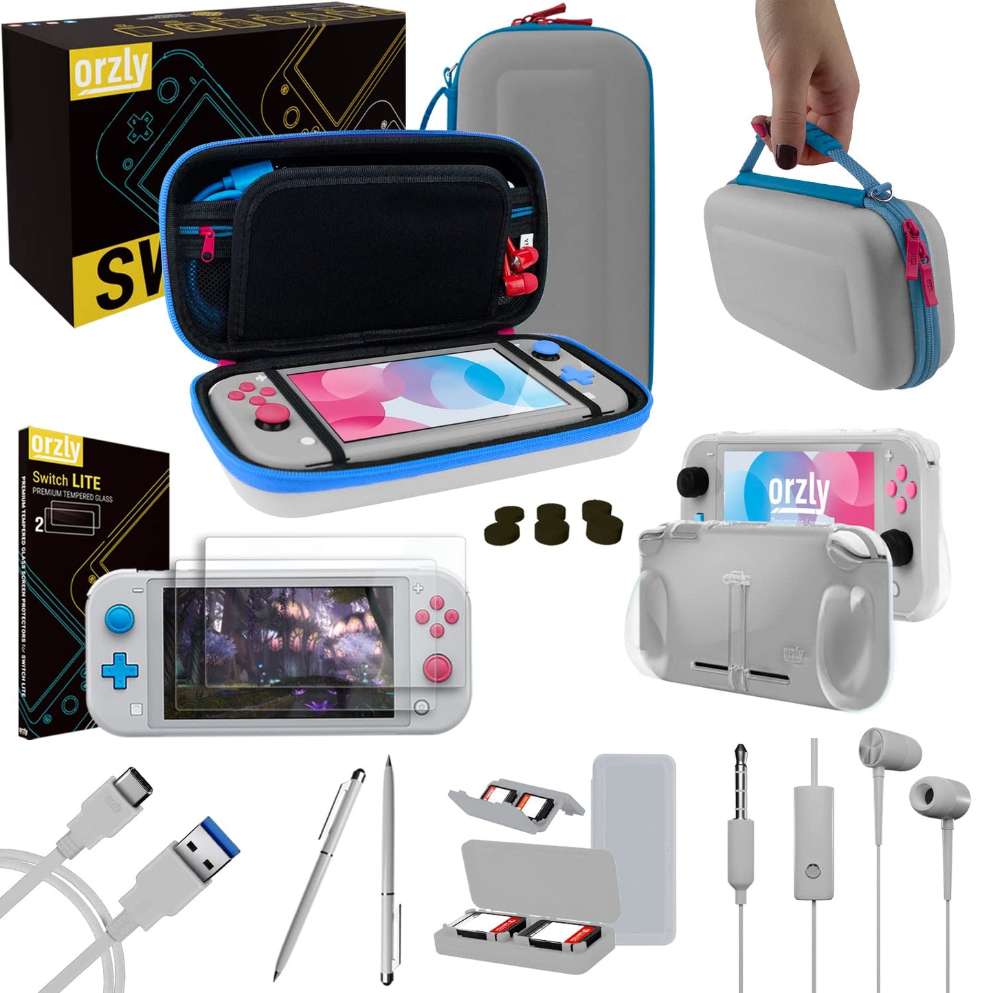 Orzly Switch Lite Accessories Bundle - Case, Screen Protector, USB Cable, Grip Case, Headphones, Z&Z Edition, Model 9ORZPACK