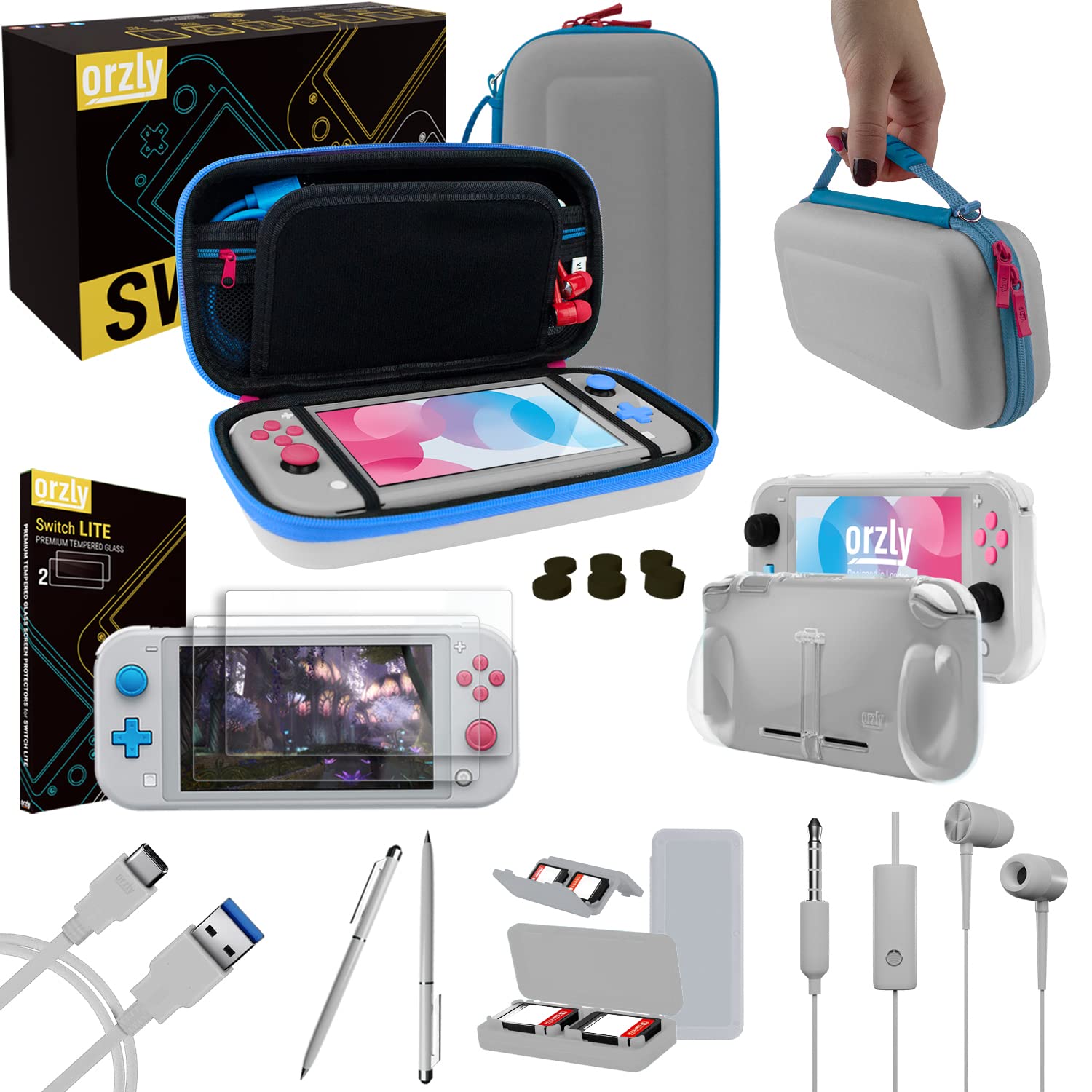 Orzly Switch Lite Accessories Bundle - Case, Screen Protector, USB Cable, Grip Case, Headphones, Z&Z Edition, Model 9ORZPACK