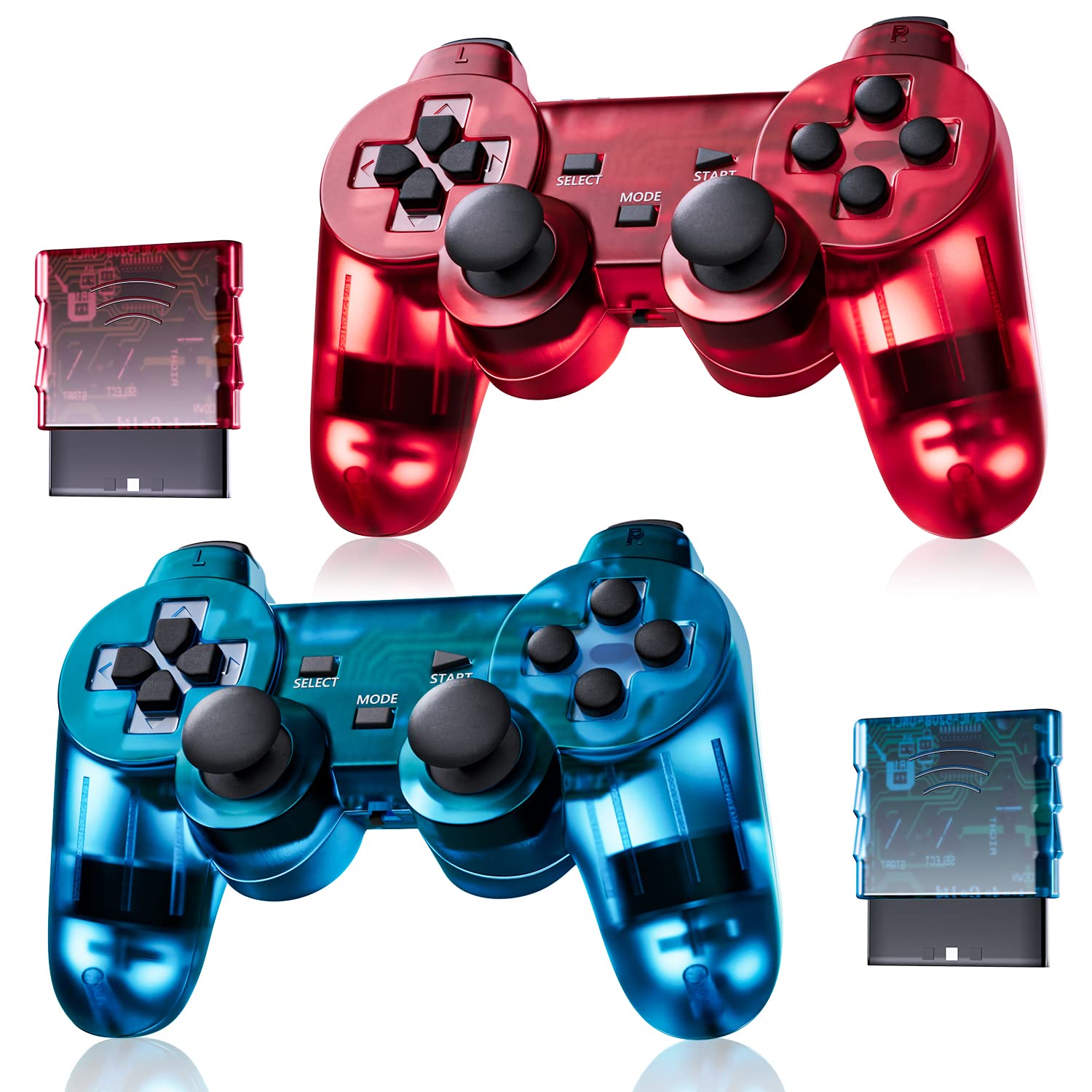 Burcica Wireless Controller for PS2 - Double Vibration, ClearBlue & ClearRed