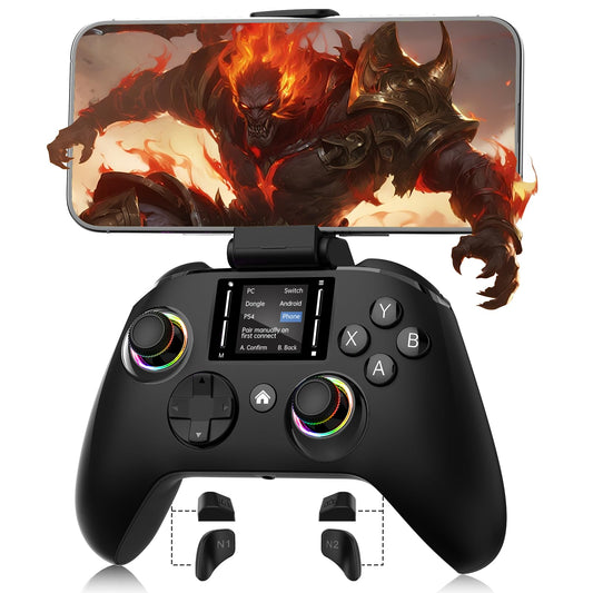 Interactive Screen Wireless Gaming Controller for PC/PS4/Switch/Android/iOS  Gamepad with Phone Clip for Gamers 4 Programmable/Turbo/6-axis Gyro/Dual Vibration/RGB Lighting/Wake-up/Share/Wake-up