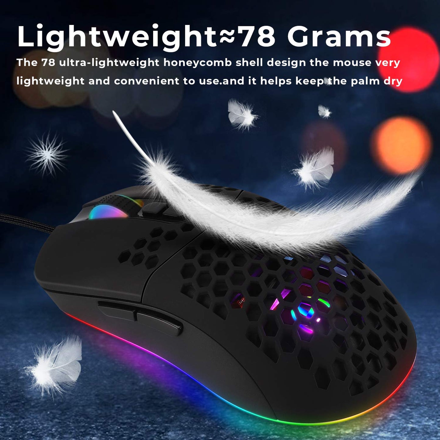 HXMJ Wired USB C Gaming Mouse, 7200 DPI, 5 RGB Lights, Lightweight Honeycomb Shell, Black, Model M02