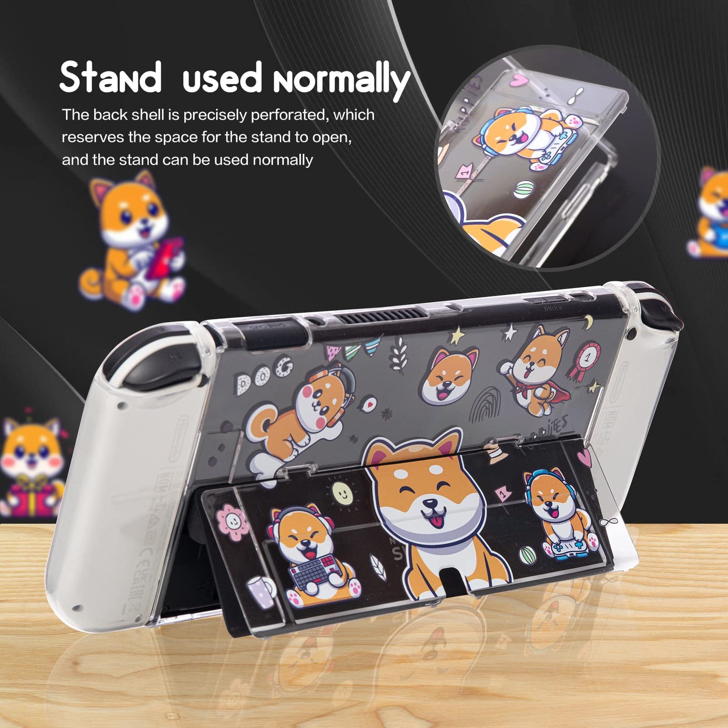 NANANINO Switch OLED Hard Shell Case - Cute Dog Pattern, Includes Paw Grips & Screen Protector, Clear, Model NN-25-Dog