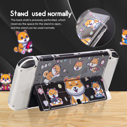 NANANINO Switch OLED Hard Shell Case - Cute Dog Pattern, Includes Paw Grips & Screen Protector, Clear, Model NN-25-Dog