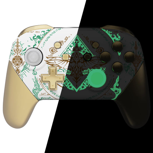 eXtremeRate Glow in Dark - Totem of Kingdom White Faceplate Backplate Handles for Nintendo Switch Pro Controller, Soft Touch Rep