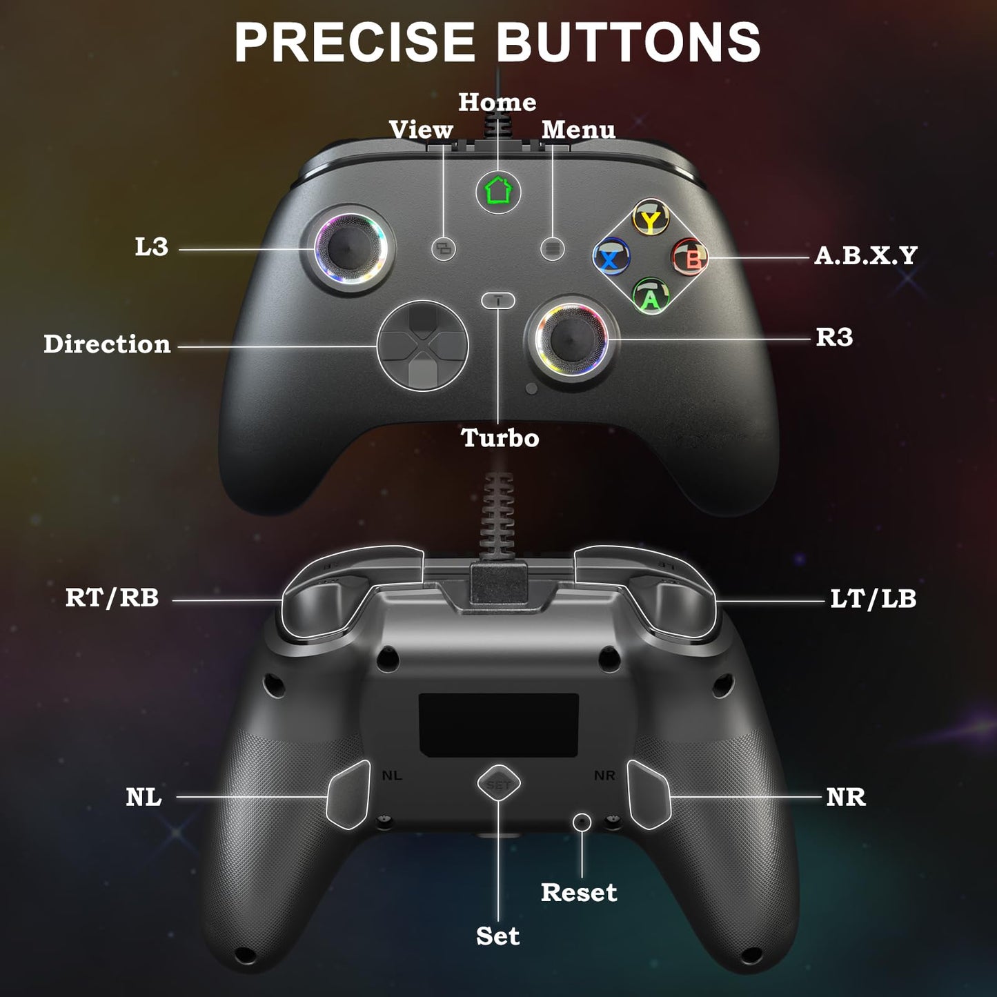 conwin Wired Game Controller for X-BOX-1/PC, RGB LED, Turbo, Programmable, Vibration, Black