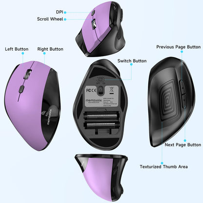 memzuoix Ergonomic Vertical Wireless Mouse - 2.4G Optical, Large Size, Right-Handed, Purple, Model WM-791