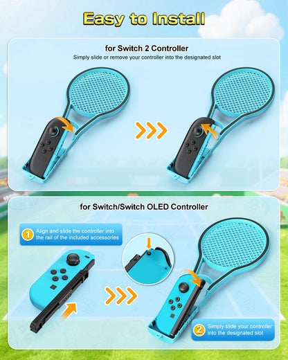 FYOUNG Tennis Racket for Nintendo Switch 2 Joy-Cons, Orange and Blue Hand Grips, Compatible with Switch 1/OLED, 2 Packs