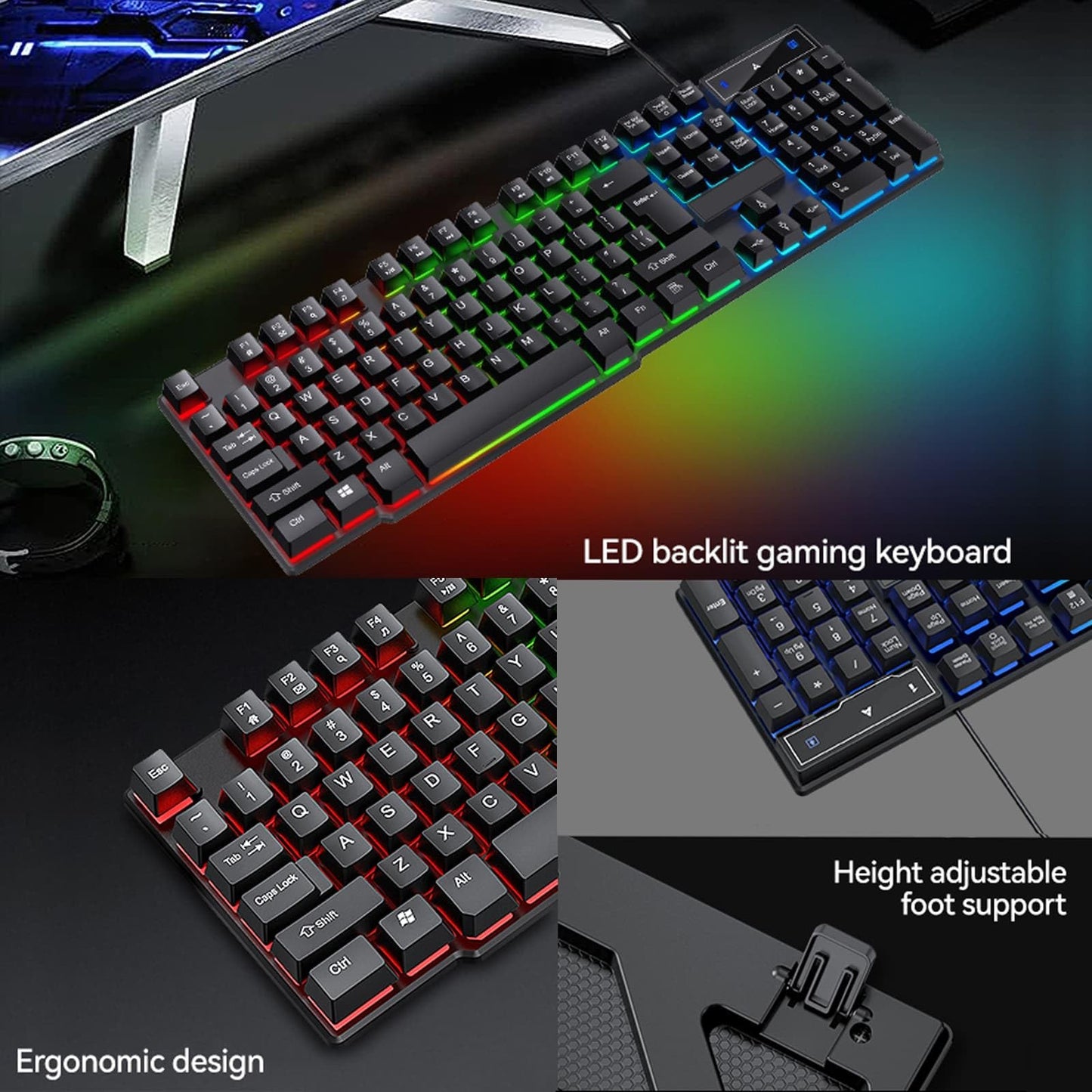 Guiheng Gaming Keyboard, Mouse & Mouse Pad Set - Wired LED Rainbow Backlight for PC, Xbox, PS4 - Black