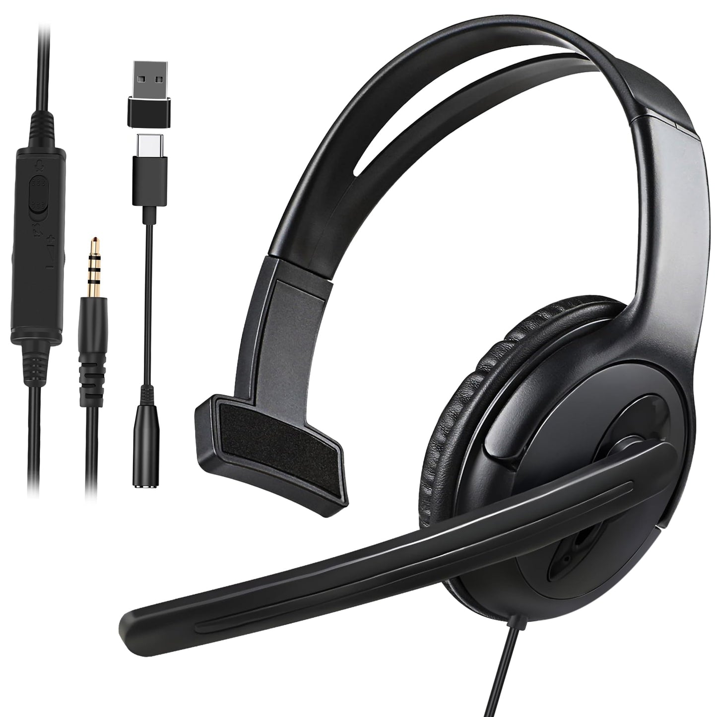 Koiiko Wired One Ear Headset with Mic - 3.5mm/Type-C/USB for PS5/PS4/Xbox/PC - Black - Model CO26