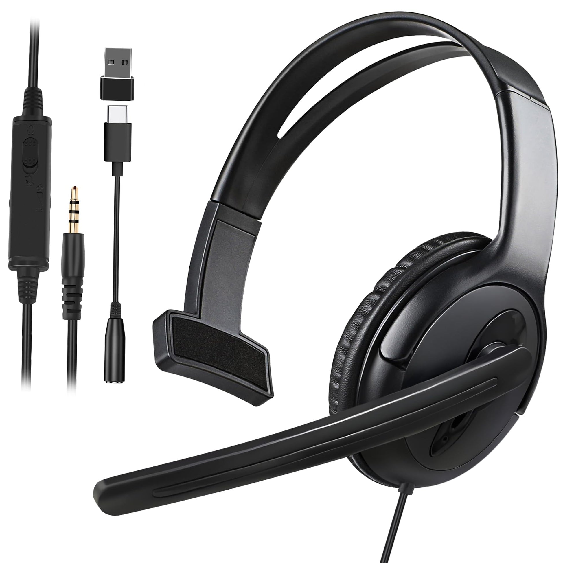Koiiko Wired One Ear Headset with Mic - 3.5mm/Type-C/USB for PS5/PS4/Xbox/PC - Black - Model CO26