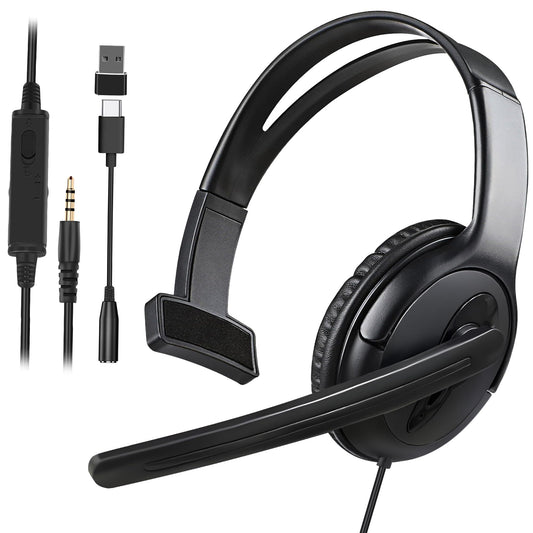 Koiiko Wired One Ear Headset with Mic - 3.5mm/Type-C/USB for PS5/PS4/Xbox/PC - Black - Model CO26