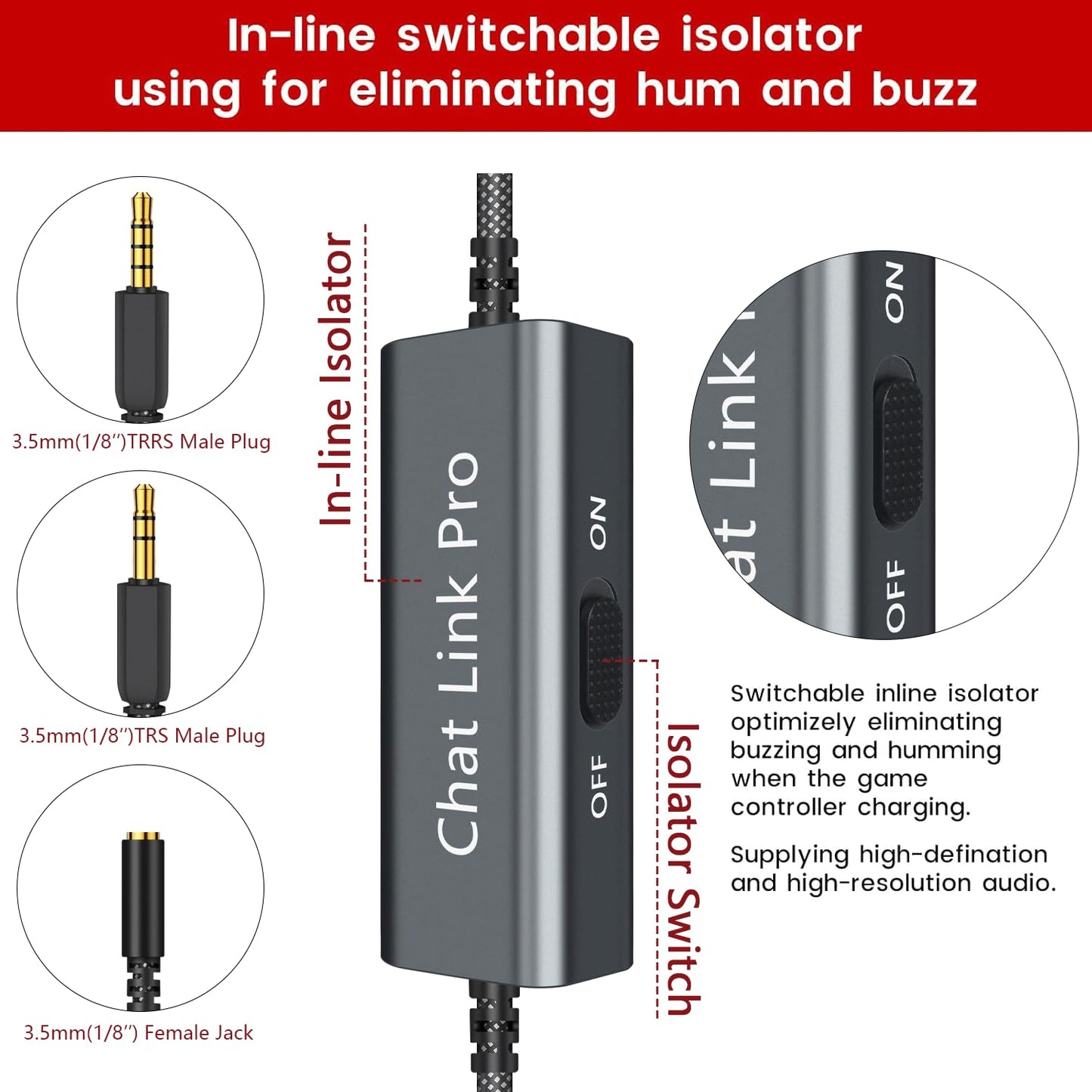 LecLooc Chat Link Pro Cable for Elgato HD60 Series, 6.6FT, Grey, Audio Adapter for Nintendo Switch, Xbox One, PS4, PS5