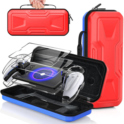 FYOUNG 3 in 1 Accessories Bundle for PS5 Portal - Carrying Case, Hard PC Clear Cover, Screen Protector, Red Blue, Model PSP7DR
